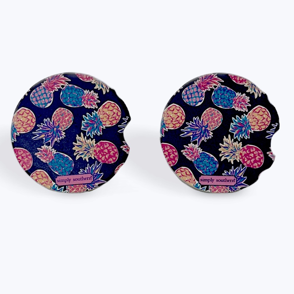 SIMPLY SOUTHERN Set of 2 Ceramic Car Coasters Colorful Pineapple Pattern